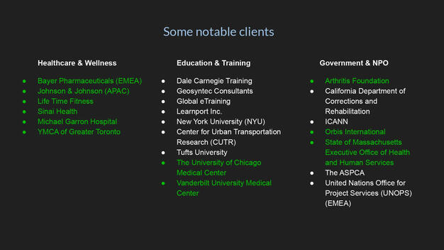 Notable clients on the roster of the selected LMS. Medical industry clients in green.